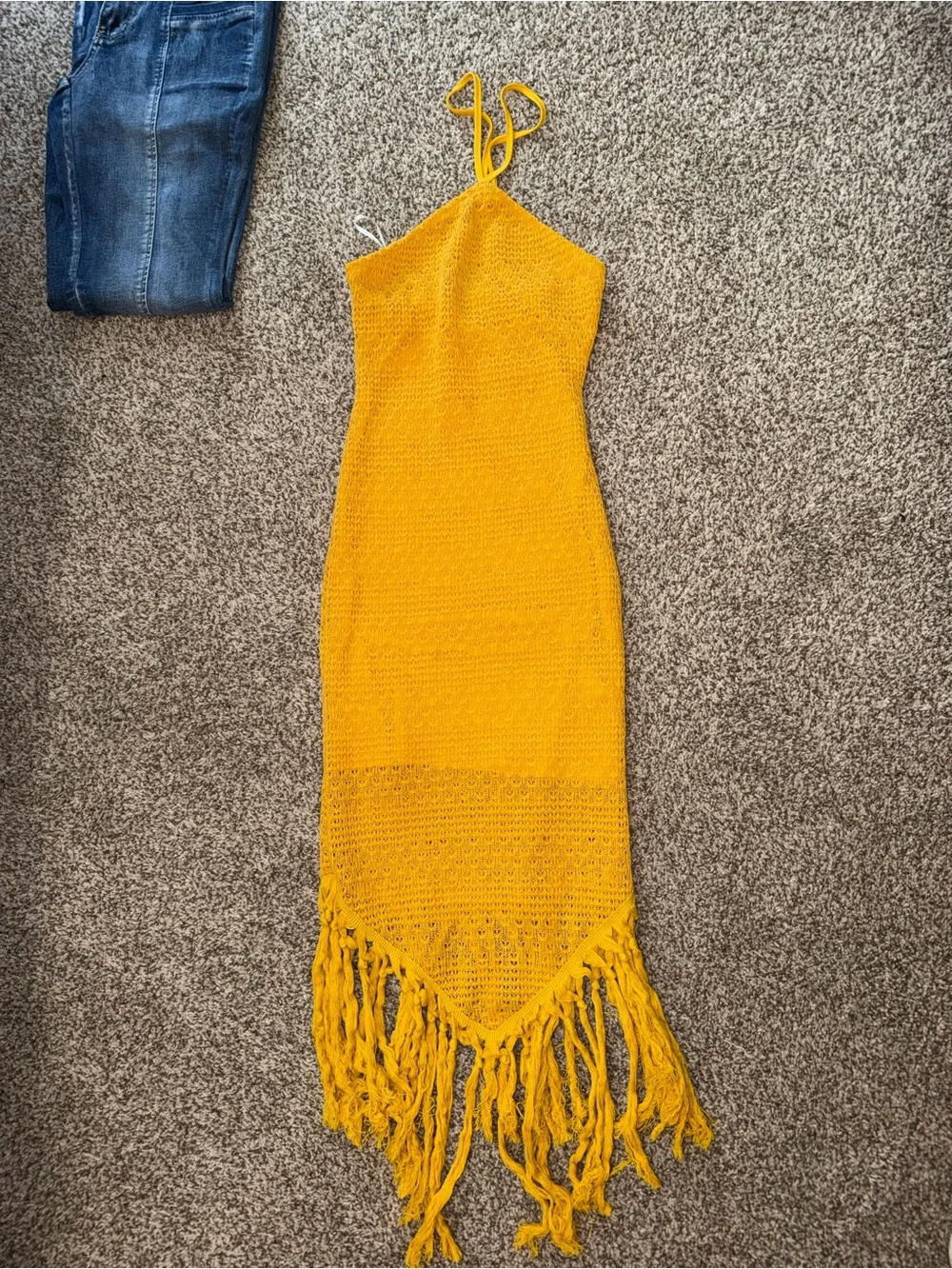 Crochet Fringe Maxi Dress in Mustard Yellow